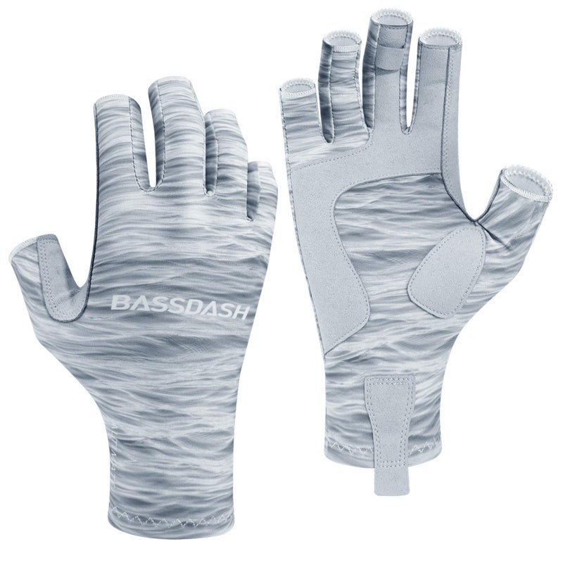 BASSDASH ALTIMATE UPF 50+ Womenâ€™s Fishing Gloves UV Sun Protection Fingerless Gloves for Kayaking Paddling Hiking Cycling Driving Shooting Training (Grey Water Camo, M) - Image 1